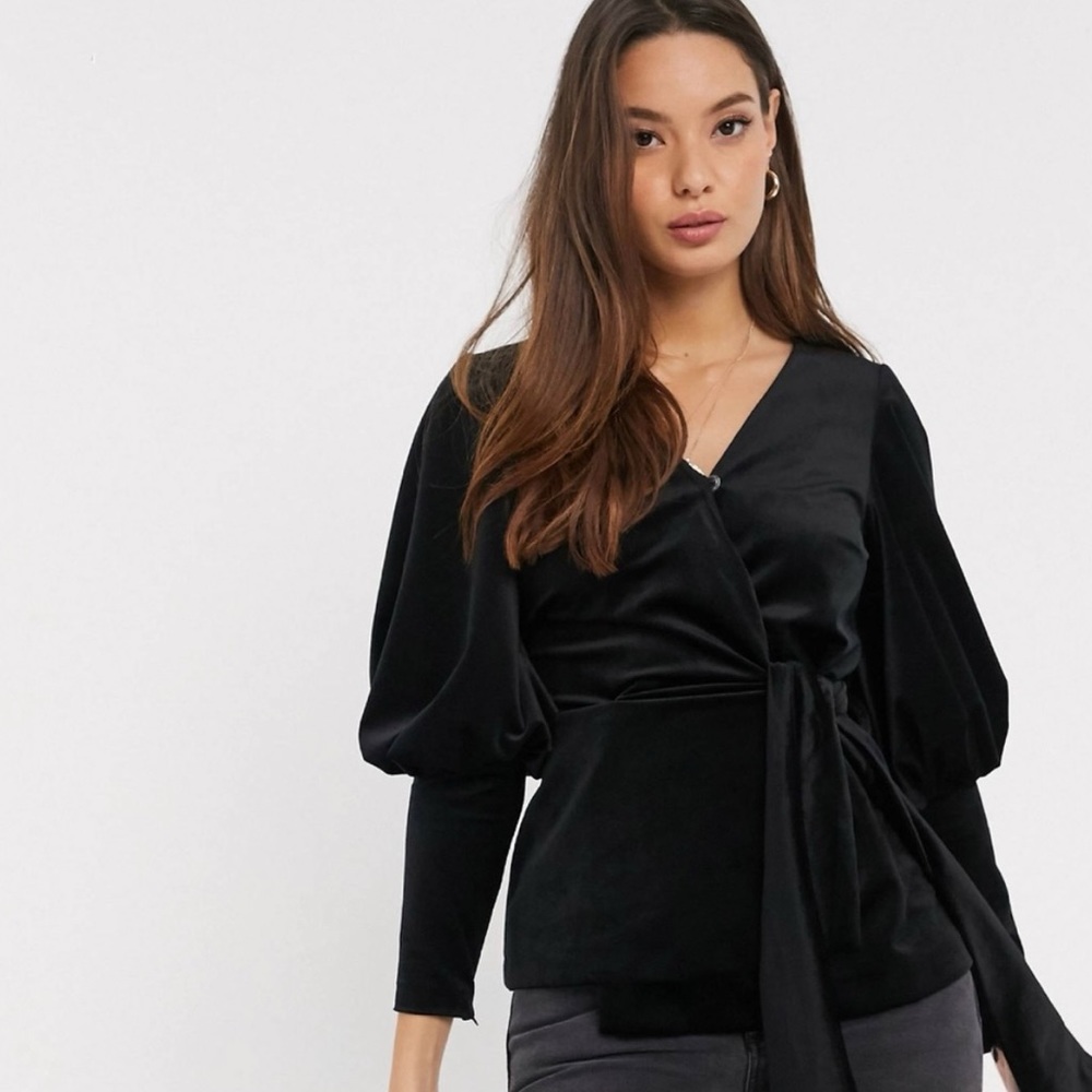 ASOS River Island Black Velvet Waist Tie Long Sleeve Blouse
